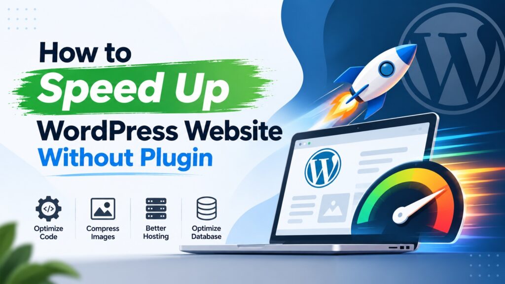 Banner illustrating WordPress website speed optimization with a laptop, speedometer, rocket, and optimization icons for the guide “How to Speed Up WordPress Website Without Plugin.