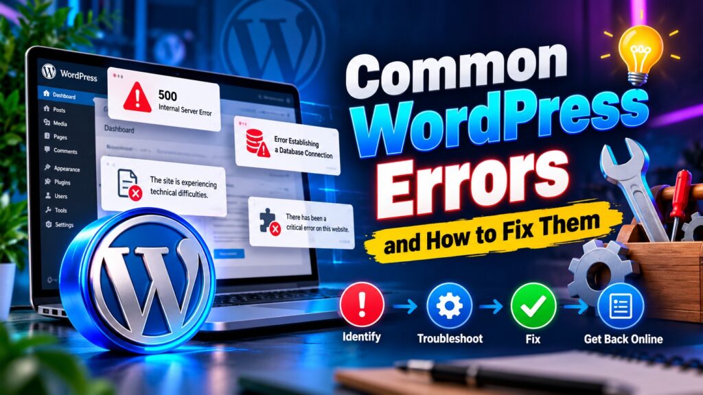 Common WordPress errors and how to fix them banner showing WordPress dashboard error messages, troubleshooting tools, warning icons, and repair solutions.